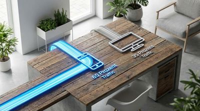 Eine schematische, isometrische Darstellung von Datenströmen. Ein dicker, leuchtender blauer Strom fließt in ein Smartphone-Symbol. Ein dünner, grauer Strom fließt in ein Desktop-Monitor-Symbol. Text am Smartphone auf Deutsch: "65 Prozent Traffic". Text am Monitor auf Deutsch: "35 Prozent Traffic". style: editorial photography, modern office context, minimal design, authentic lighting, 4k