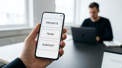 Eine Hand hält ein modernes rahmenloses Smartphone. Auf dem Screen sieht man eine extrem aufgeräumte, minimalistische Website mit großen Buttons. Im unscharfen Hintergrund sieht man eine Person an einem Laptop arbeiten, der aber ausgeschaltet oder dunkel ist. style: editorial photography, modern office context, minimal design, authentic lighting, 4k