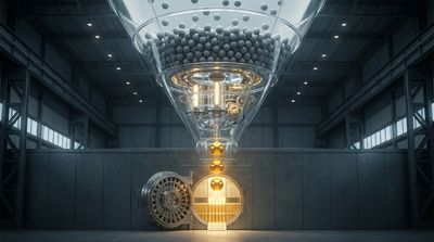 3D-Glas-Trichter (Funnel). Oben fließen viele graue Kugeln (Besucher) hinein. Im Trichter werden sie gefiltert. Unten kommen wenige, aber golden leuchtende Kugeln (Top Kunden) heraus, die direkt in ein offenes Banktresor-Tür Design fallen. style: photorealistic, cinematic lighting, highly detailed, 8k resolution, depth of field