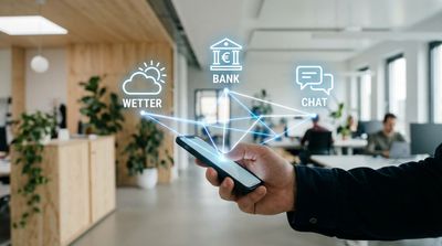 Ein Smartphone in einer Hand. Um das Phone herum schweben verbundene Icons (Wetter, Bank, Chat), die durch leuchtende Linien mit dem Phone verbunden sind. Zeigt Vernetzung. style: editorial photography, modern office context, minimal design, authentic lighting, 4k